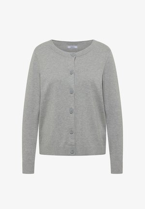 Cardigan grigio chiaro a maniche lunghe con bottoni, scollo rotondo, polsini e orlo a coste, realizzato in tessuto morbido a maglia.