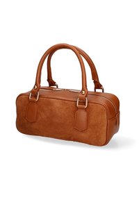 Borsa marrone realizzata in ecopelle scamosciata e pelle texturizzata; forma rettangolare con due manici corti e accessori in tono oro.