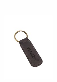 Leder-Schlüsselanhänger in Dunkelbraun mit genähtem Rand und geprägtem "VENEZIA"-Logo, ausgestattet mit einem Schlüsselring aus Messing.