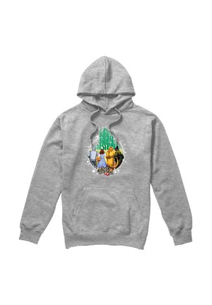Gray hoodie featuring the Tin Man, Dorothy, Cowardly Lion, and Scarecrow facing the Emerald City from The Wizard of Oz.