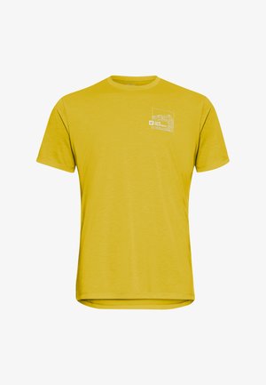 Maglietta gialla a maniche corte realizzata in morbido tessuto, con un piccolo logo grafico bianco sull'area superiore sinistra del torace. Design semplice.