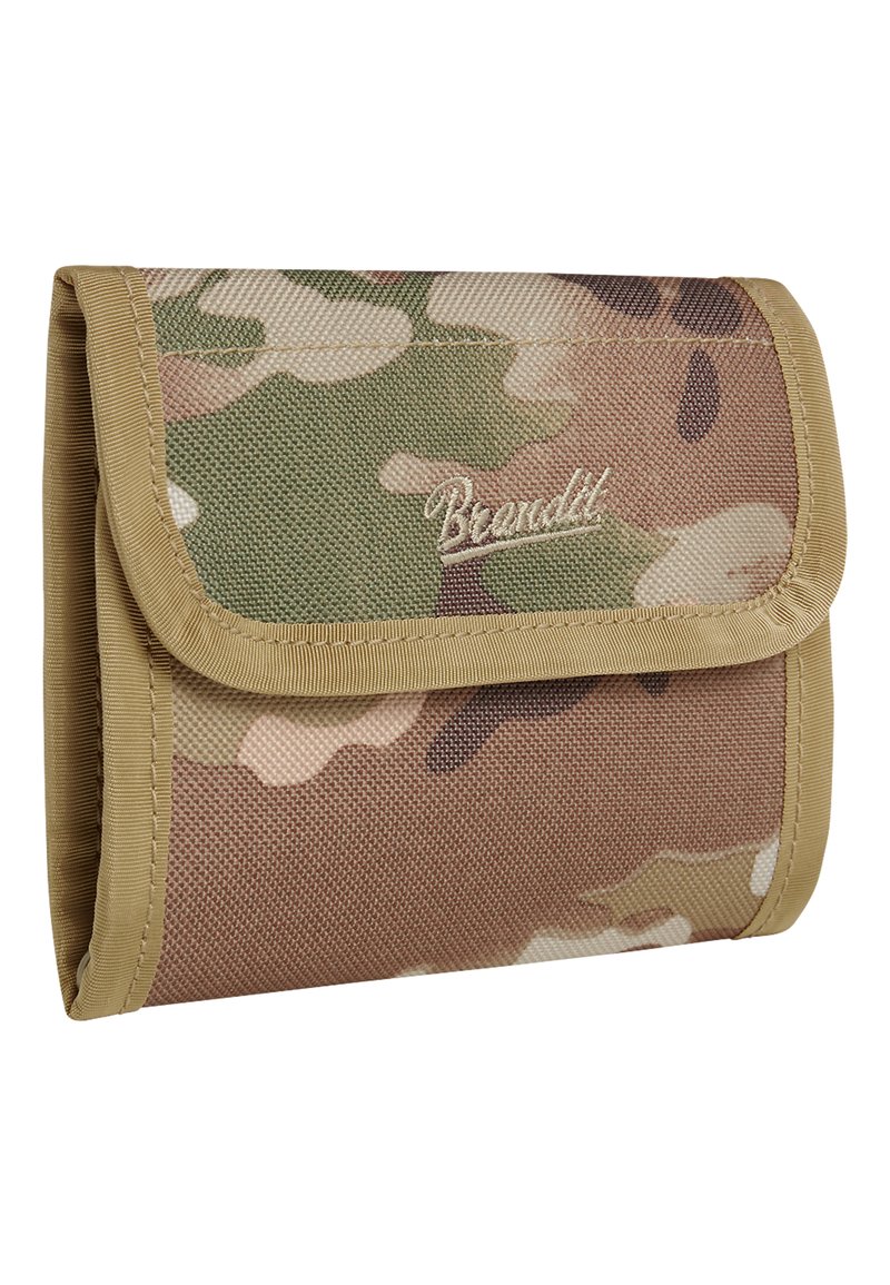 Camouflage wallet made of durable fabric featuring brown, green, and beige patterns. Edged in tan with embossed logo at the front.