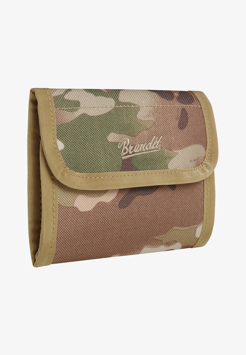 Camouflage wallet made of durable fabric featuring brown, green, and beige patterns. Edged in tan with embossed logo at the front.