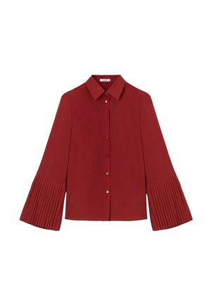 Camicia rossa con button-up e collo, dotata di maniche lunghe e dettagli a pieghe ai polsini. Realizzata in tessuto leggero.