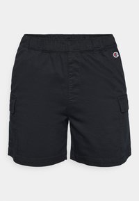 Svarta cargoshorts med elastisk midja och sidofickor, tillverkade av slät tyg, med subtila sömdetaljer och utan synliga mönster.