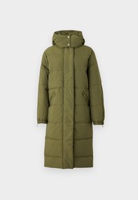 Olive green puffer coat with a hood, long length, zippered side pockets, and elastic cuffs. Features horizontal stitching with a smooth texture.