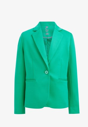 Blazer verde con solapas de muesca, cierre de un botón, dos bolsillos frontales y forro de lunares. Textura suave y ajuste a medida.