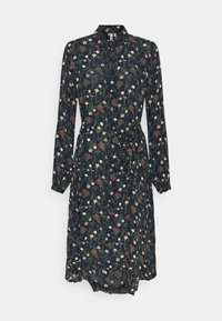 Blommigt tryckklänning med långa ärmar, krage och knytmidja. Mörk bakgrund med vita och färgglada blommönster, lättviktig tyg.