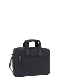 Sort tekstil laptop taske med to top hanke, aftagelig skulderrem, lynlåslomme foran og præget logo. Rektangulær form, glat overflade.