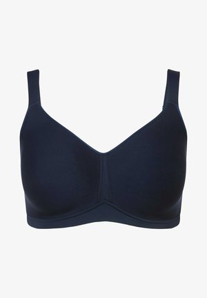 Bra blu navy con spalline larghe regolabili, texture liscia e design senza cuciture. Presenta una leggera forma a V e cuciture rinforzate.