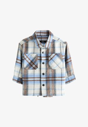 Cămașă cu nasturi din flanel moale, având un model în carouri albastre, maronii și albe. Două buzunare pe piept, mâneci scurte și un guler la gât.