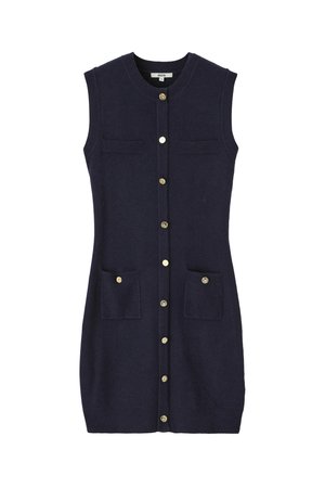 Robe sans manches en bleu marine avec un devant à boutons dorés, deux poches poitrine et deux poches inférieures. Fabriquée en tissu texturé doux.