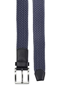 Cintura elastica intrecciata in blu navy con motivo a spina di pesce. Accenti in pelle nera e una fibbia in metallo argentato aumentano la durabilità e lo stile.