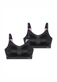Svarta sport-BH:ar gjorda av ett slitstarkt tyg med ett nätpanel och justerbara band som har rosa detaljer. Logotyp tryckt på bandet.