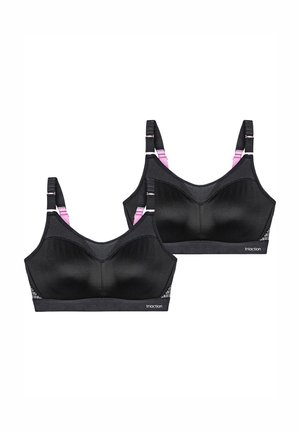 Svarta sport-BH:ar gjorda av ett slitstarkt tyg med ett nätpanel och justerbara band som har rosa detaljer. Logotyp tryckt på bandet.