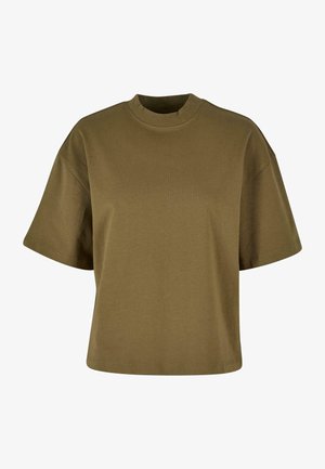 Olivgrön bomullströja med hög, rund halsringning, korta ärmar och löst sittande passform. Slät textur, inga synliga mönster eller detaljer.