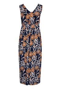 Abito midi floreale con sfondo blu navy decorato da grandi fiori marroni e bianchi. Scollatura a V, design senza maniche e vita arricciata.