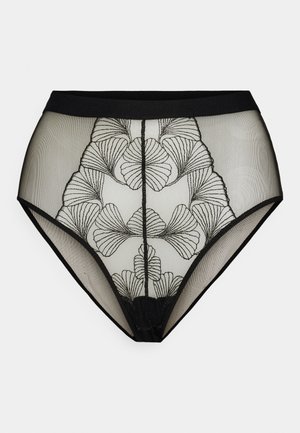 Czarne figi wysoko wziane z przezroczystej siateczki, ozdobione misternym haftem kwiatowym w kolorze czarnym, z miękkim pasem w talii dla komfortu.