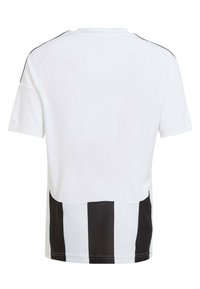 Weiße Sportjacke mit kurzen Ärmeln, schwarzen Seitenstreifen und einem schwarz-weiß gestreiften Netzpaneel am unteren Ende.