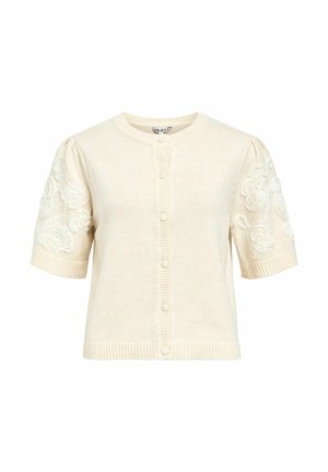 Cardigan corto in crema con maniche a breve, scollatura rotonda, chiusura con bottoni, bordi a coste e ricamo floreale sulle maniche.