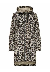 Cappotto impermeabile leopardato con cappuccio, dotato di una zip frontale, maniche lunghe e una vestibilità comoda. Realizzato in materiale leggero e resistente all'acqua.