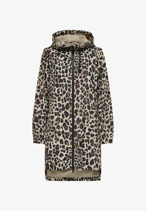 Dážďový plášť s potlačou leopardieho vzoru, s kapucňou, predným zipsom, dlhými rukávmi a voľným strihom. Vyrobený z ľahkého, vodeodolného materiálu.