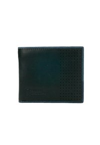 Billetera de cuero negro con un diseño texturizado, que presenta un lado izquierdo liso y acentos perforados en el derecho. Forma rectangular compacta.