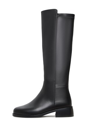 Black leather knee-high boot with a smooth texture, rounded toe, low block heel, and subtle stitching detail along the side.