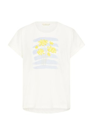 T-shirt blanc à manches courtes avec des rayures horizontales bleu clair et un bouquet de fleurs jaunes imprimé sur le devant.