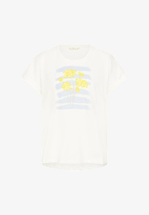 Weißes T-Shirt mit kurzen Ärmeln, hellblauen horizontalen Streifen und einem aufgedruckten Bund gelber Blumen auf der Vorderseite.