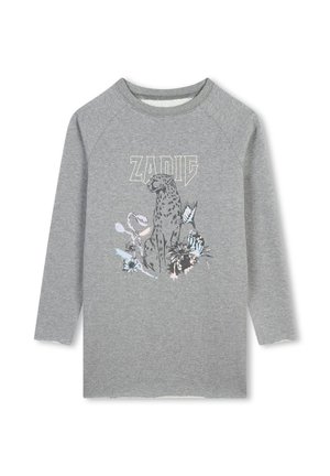 Sweatshirt gris avec des manches raglan arborant un graphique d'un léopard parmi des fleurs. Le design inclut des accents pastel et le mot "ZADIG."