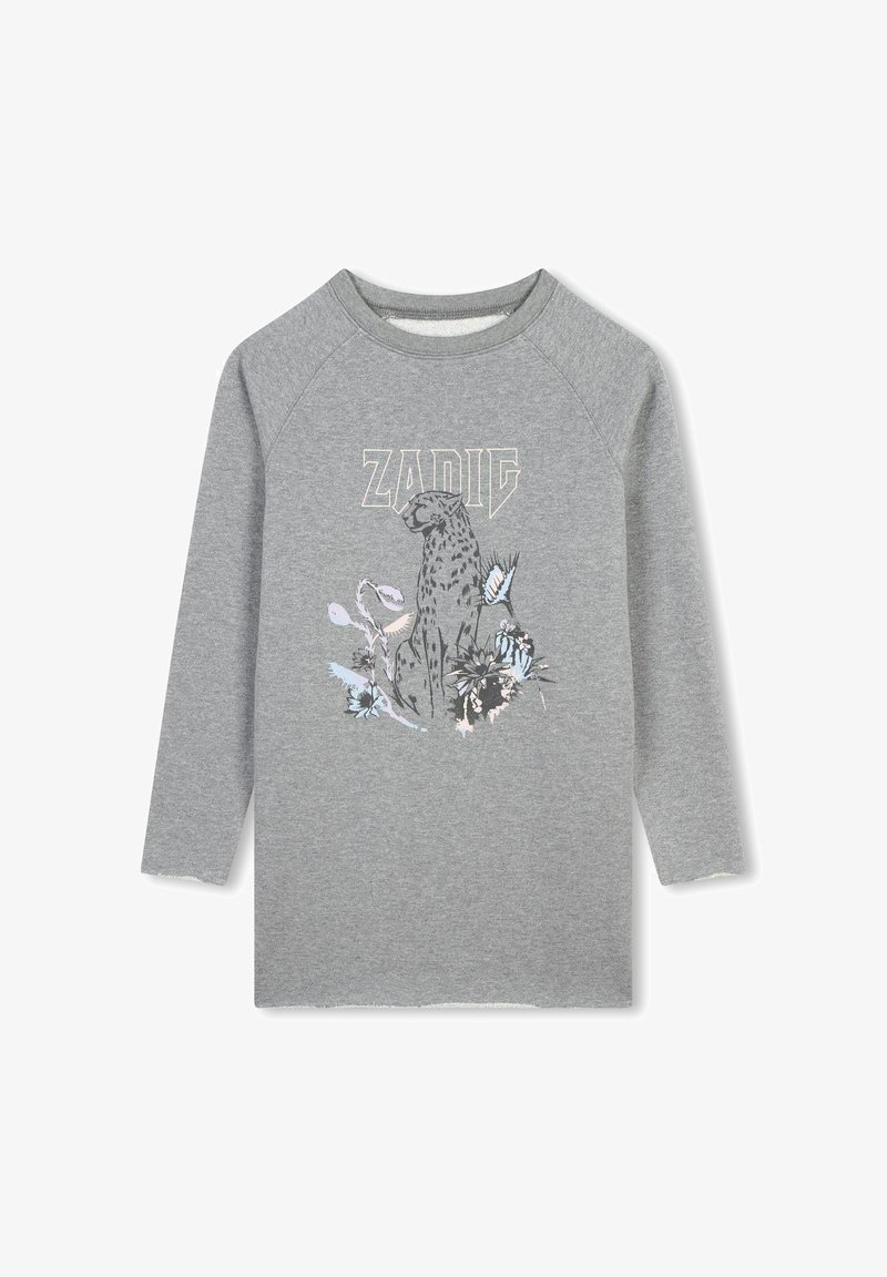 Sweatshirt gris avec des manches raglan arborant un graphique d'un léopard parmi des fleurs. Le design inclut des accents pastel et le mot "ZADIG."