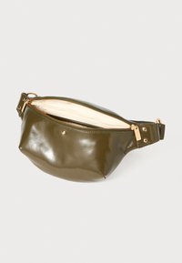 Olivgrünes Flechtleder-Gürteltasche mit glatter Textur, goldfarbenem Reißverschluss und verstellbarem Riemen. Das Innere verfügt über ein hell gefärbtes Futter.