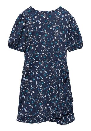 Navyblaues Kurzarmkleid mit kleinen weißen und türkisfarbenen Blumen, gerafftem Taillenbereich und Rüsche am rechten Rand des Rocks.