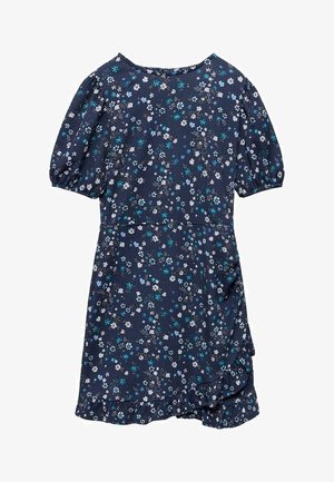 Robe bleu marine à manches courtes avec de petites fleurs blanches et teal, taille froncée et ourlet froncé sur le côté droit de la jupe.