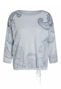 Sudadera gris claro con patrón de cachemira, adornada con pequeñas gemas. Cuenta con dobladillo con cordón y mangas tres cuartos. Textura suave.