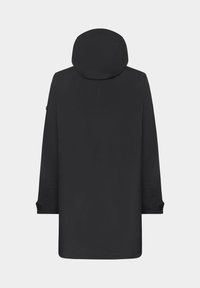 Svart lång rock med huva, tillverkad av slät tyg. Har en enkel design, rak silhuett och inga synliga beslag eller prydnader.