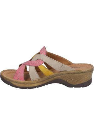Open-toe wedge sandal featuring pink, yellow, and neutral leather straps with stitched accents, and a textured brown rubber sole.