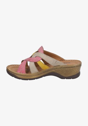 Offene Zehen-Wedge-Sandale mit pinkfarbenen, gelben und neutralen Lederriemen mit gestickten Akzenten sowie einer strukturierten braunen Gummisohle.