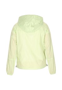 Lichte, met een capuchon uitgeruste jas in pastelgroen. Heeft een gladde, licht glanzende textuur, elastische manchetten en een verstelbare zoom voor de pasvorm.