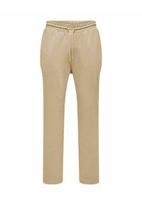 Beige Jogginghose mit elastischem Bund, verstellbarem Kordelzug und seitlichen Taschen. Sie zeichnet sich durch eine weiche Textur und einen geraden Beinschnitt aus.