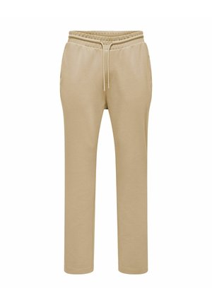 Pantaloni della tuta beige con cintura elasticizzata, coulisse regolabile e tasche laterali. Presentano una texture morbida e un design a gamba dritta.