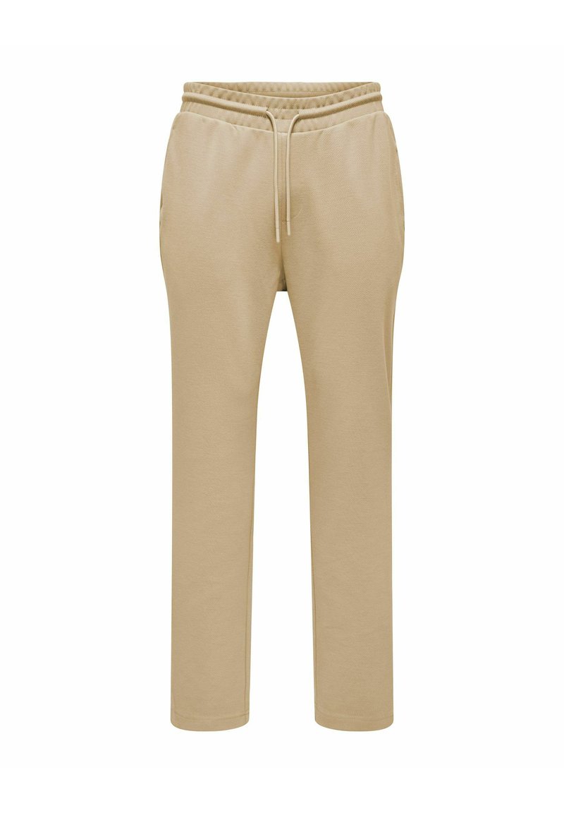 Beige Jogginghose mit elastischem Bund, verstellbarem Kordelzug und seitlichen Taschen. Sie zeichnet sich durch eine weiche Textur und einen geraden Beinschnitt aus.