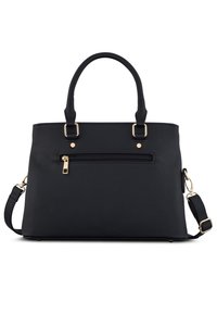 Musta käsilaukku, jossa on kaksinkertaiset yläkahvat ja irrotettava olkahihna. Tyylissä on etupuolella vetoketjullinen tasku ja kultasävytteiset yksityiskohdat. Sileä pinta.