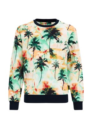 Sweatshirt med livligt palmeprint i grønne, orange og sorte nuancer, med sort ribstrikket krave, manchetter og kant.
