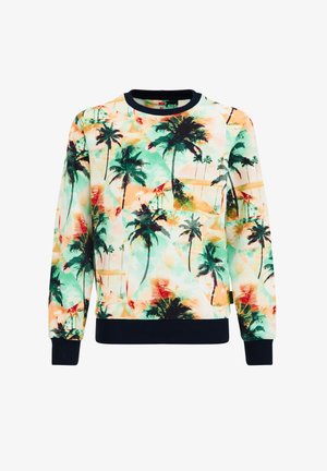 Sweatshirt mit lebendigem Palmenprint in grünen, orangefarbenen und schwarzen Tönen, mit schwarzem Rippkragen, Bündchen und Saum.
