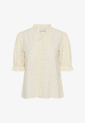 Bluza crem cu imprimeu floral roz mic, mâneci scurte bufante, guler cu volane și nasturi în față.