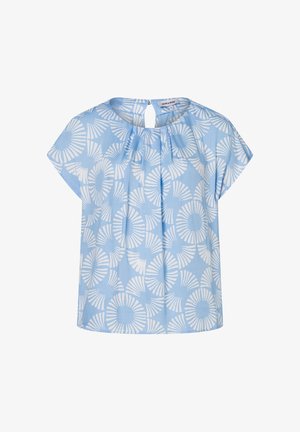 Lichtblauw blouse met korte mouwen, witte abstracte cirkelvormige patronen, ronde hals en een keyhole knoopsluiting aan de achterkant.