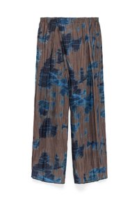 Plooibare wijde broek in een bruine stof met een blauw abstract patroon. Elastische tailleband met een knoopdetail, lichtgewicht textuur.