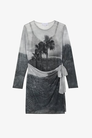 Sukienka z długim rękawem z przezroczystej szarej tkaniny z nadrukiem krajobrazu z palmami. Detal ze zwisającym materiałem z wiązanym akcentem. Gładka tekstura.